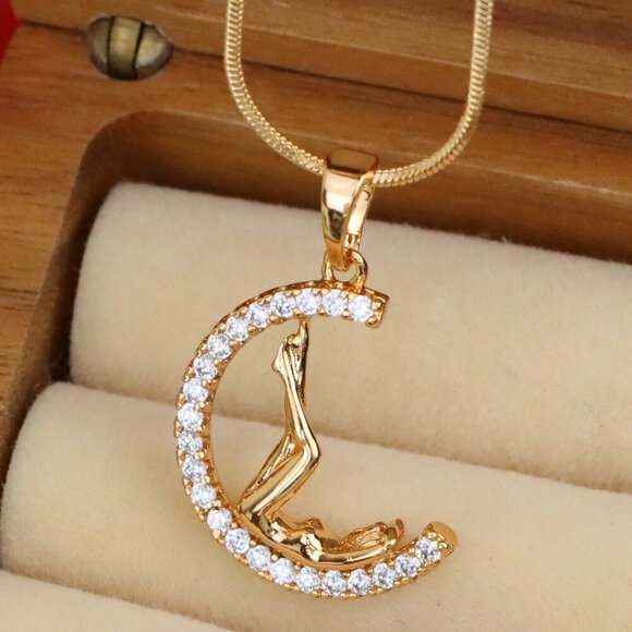 "Rose Gold Crescent Moon Pendant with Sparkling Crystal Accents, XPPT1506 - Picture 1 of 13